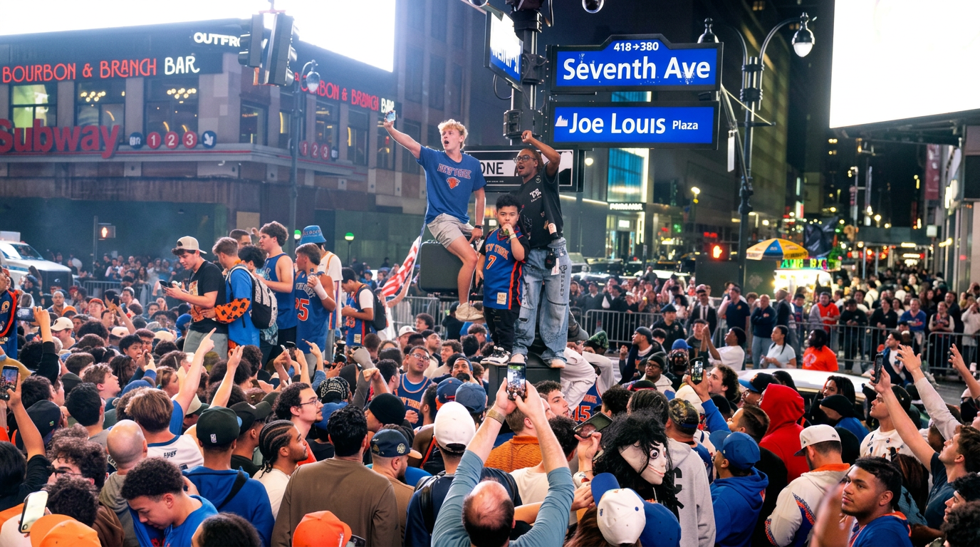 Knicks fans celebrating in the streets near Madison Square Garden